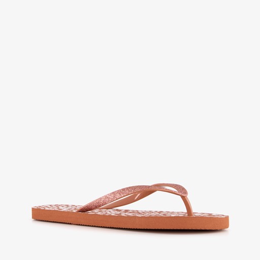 Dames slippers met print en glitters bruin