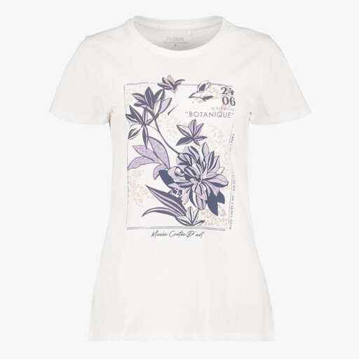 Dames T-shirt met bloemenprint wit lila
