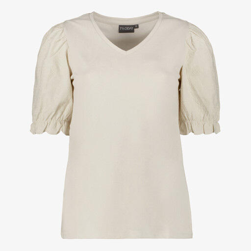 Dames T-shirt met geborduurde mouwen beige