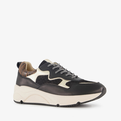 Leren dames sneakers zwart goud