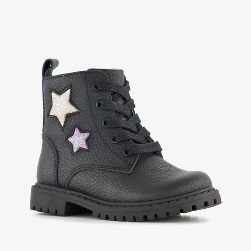 Leren meisjes veterboots met sterren zwart