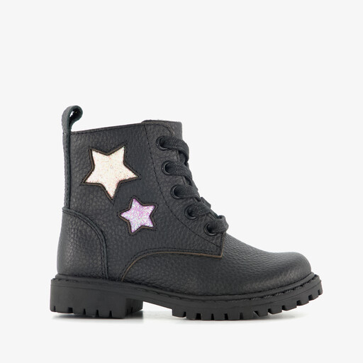 Leren meisjes veterboots met sterren zwart