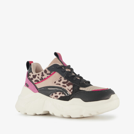 Meisjes dad sneakers met panterprint details beige zwart