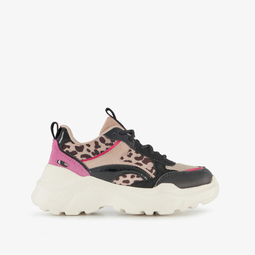 Meisjes dad sneakers met panterprint details beige zwart