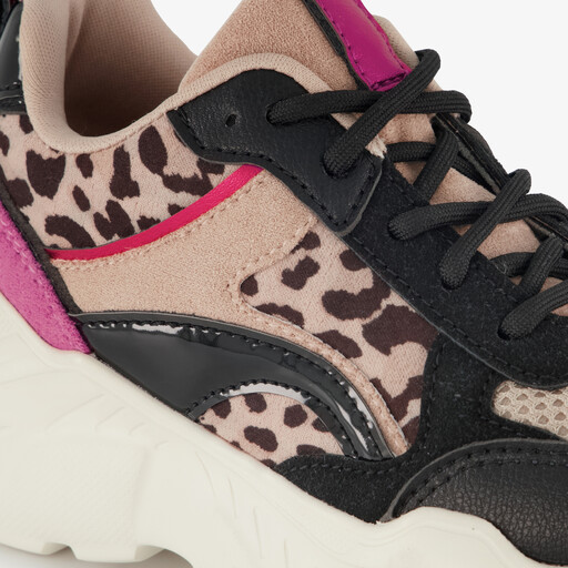 Meisjes dad sneakers met panterprint details beige zwart