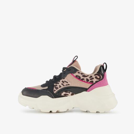 Meisjes dad sneakers met panterprint details beige zwart
