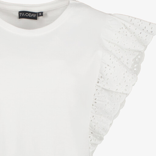 Dames top met vlindermouwen en broderie wit