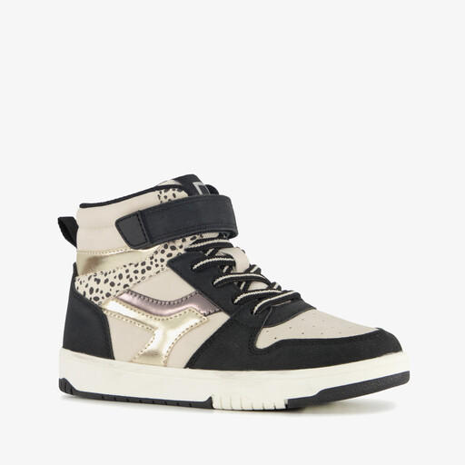 Hoge meisjes sneakers met panterprint details zwart beige