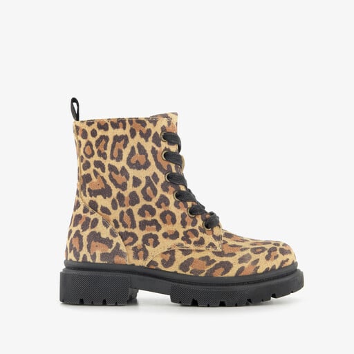 Suède meisjes veterboots met panterprint bruin