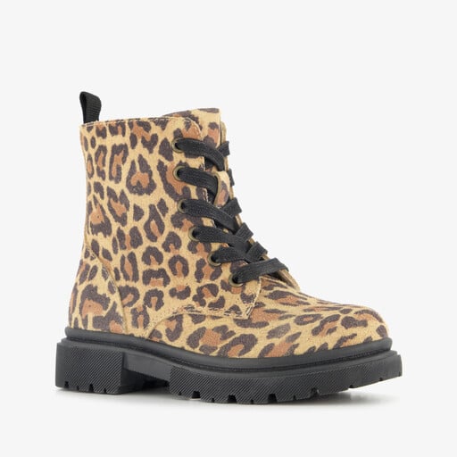 Suède meisjes veterboots met panterprint bruin