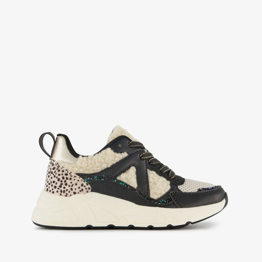 Meisjes dad sneakers met teddy inzet beige zwart