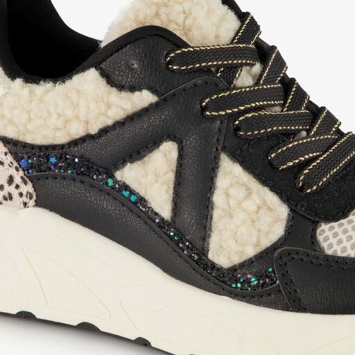 Meisjes dad sneakers met teddy inzet beige zwart