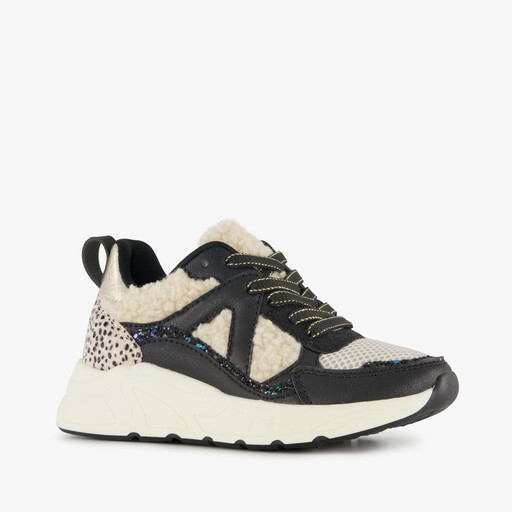 Meisjes dad sneakers met teddy inzet beige zwart