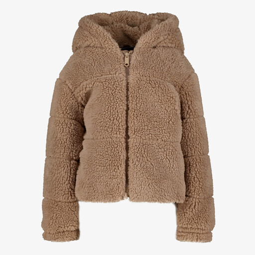 Meisjes teddy jas met capuchon lichtbruin
