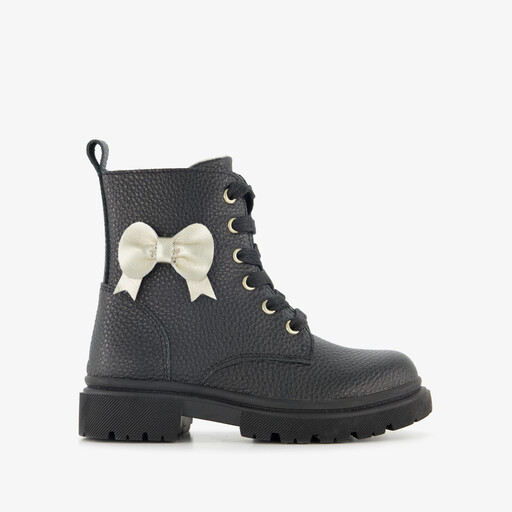 Leren meisjes veterboots met strik zwart