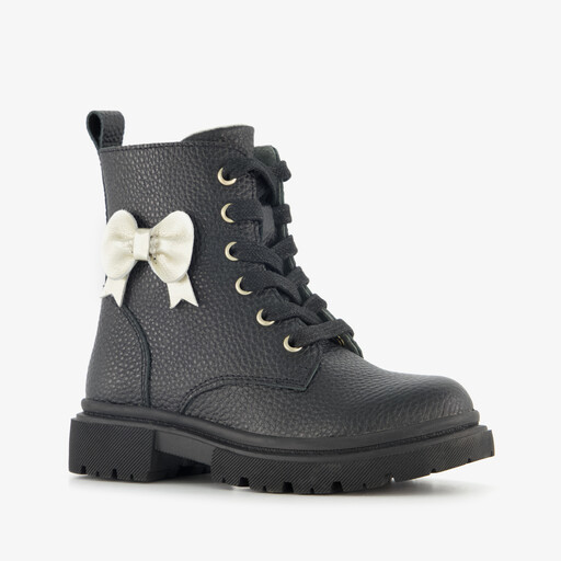 Leren meisjes veterboots met strik zwart