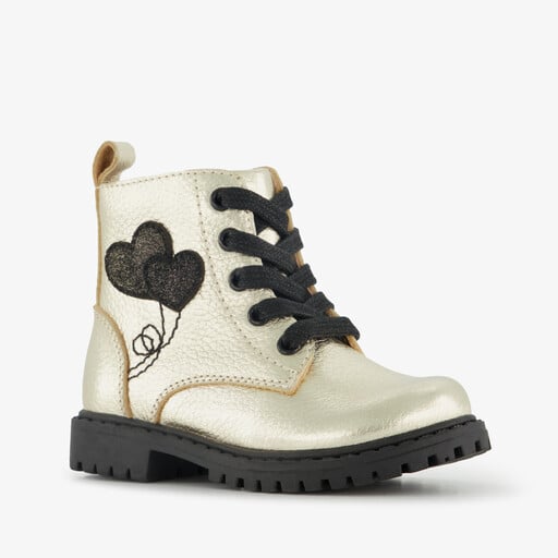 Leren meisjes veterboots met hartjes goud zwart