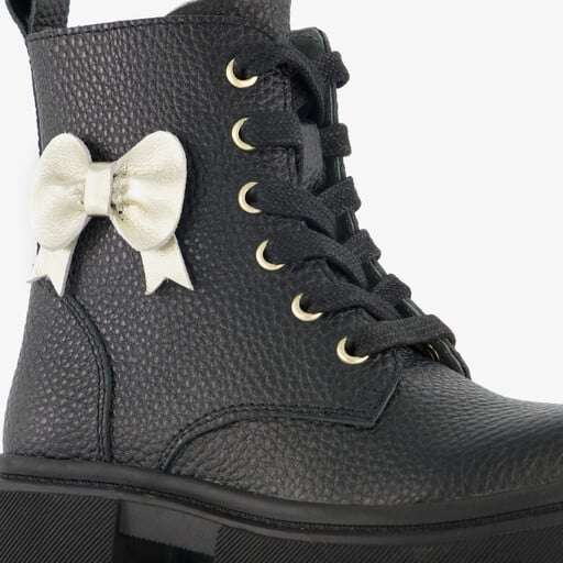 Leren meisjes veterboots met strik zwart