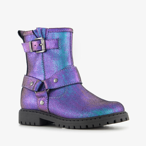 Leren meisjes biker boots met glitters paars