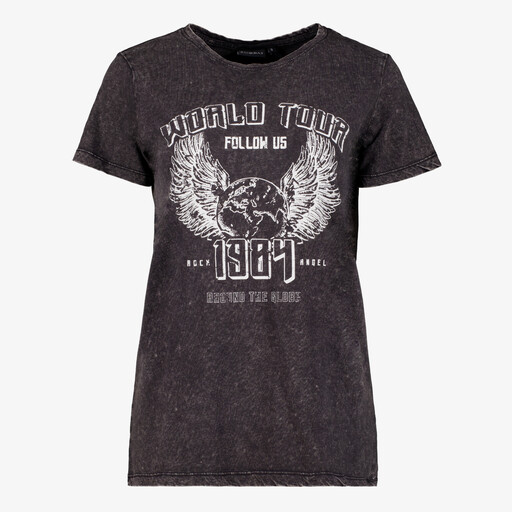 Dames T-shirt acid wash zwart met witte opdruk