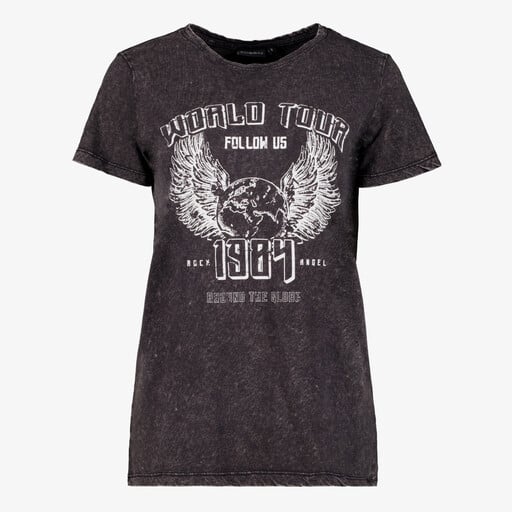 Dames T-shirt acid wash zwart met witte opdruk