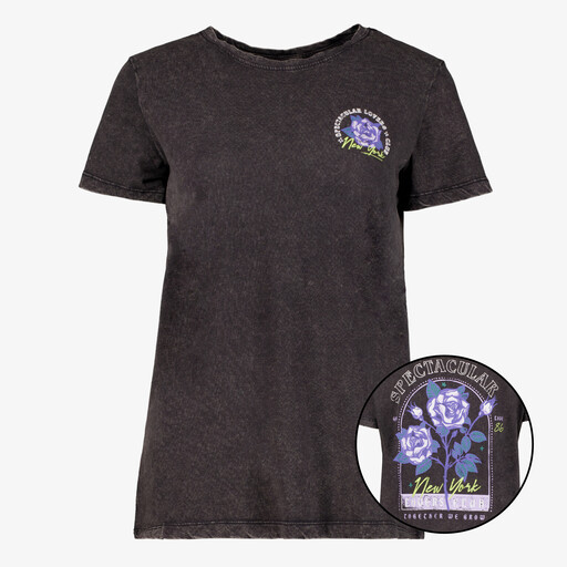 Dames T-shirt acid wash met backprint zwart