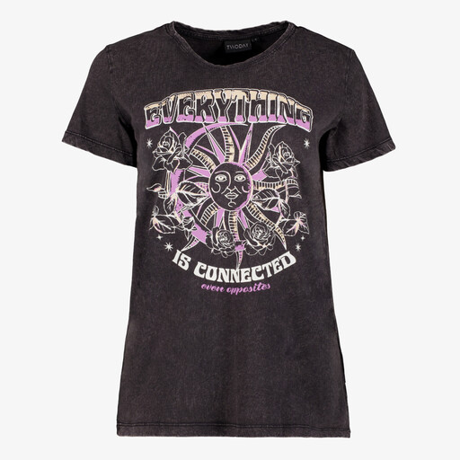 Dames T-shirt acid wash zwart met opdruk