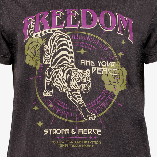 Dames acid T-shirt met opdruk zwart