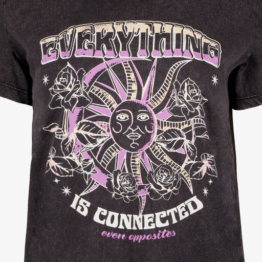 Dames T-shirt acid wash zwart met opdruk