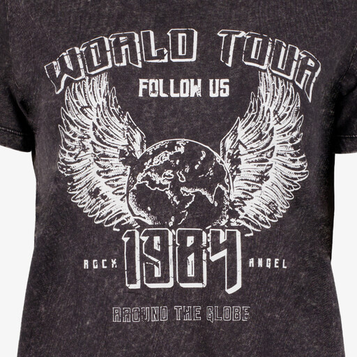 Dames T-shirt acid wash zwart met witte opdruk