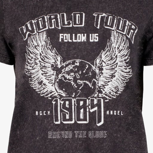 Dames T-shirt acid wash zwart met witte opdruk