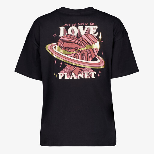 Dames T-shit met backprint zwart roze