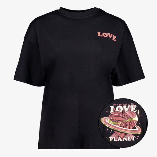 Dames T-shit met backprint zwart roze