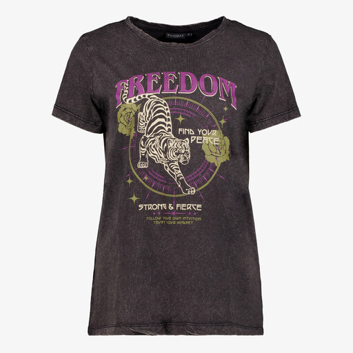 Dames acid T-shirt met opdruk zwart