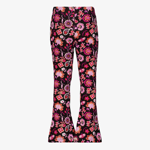 Flared meisjes broek met bloemen zwart roze