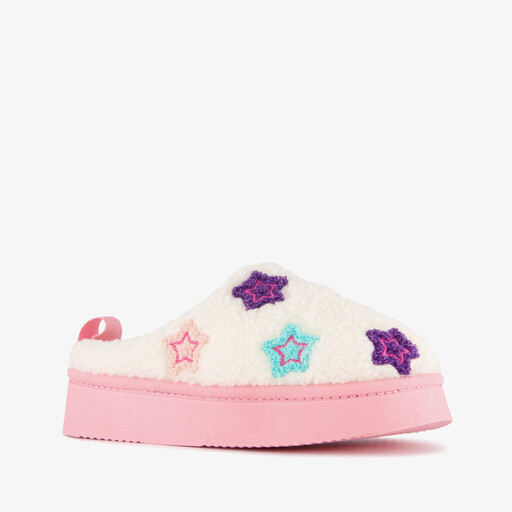 Teddy instap pantoffels met sterren wit roze