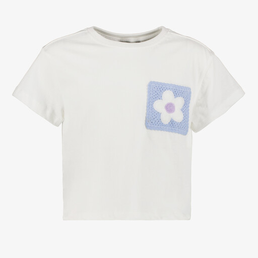 Cropped meisjes T-shirt met borduursel wit