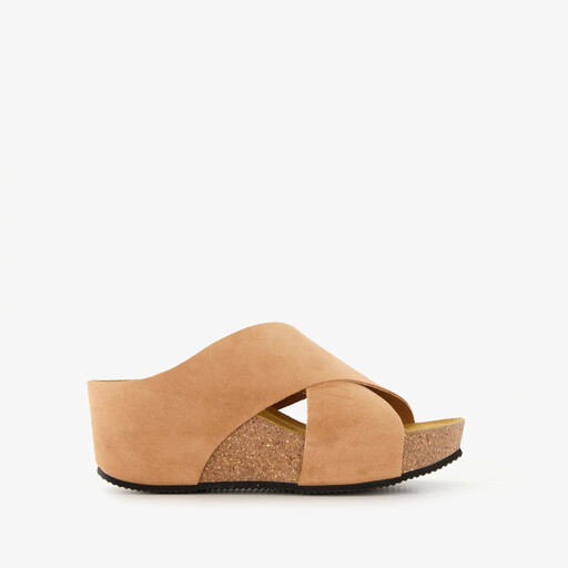 Suede dames slippers sleehak cognac