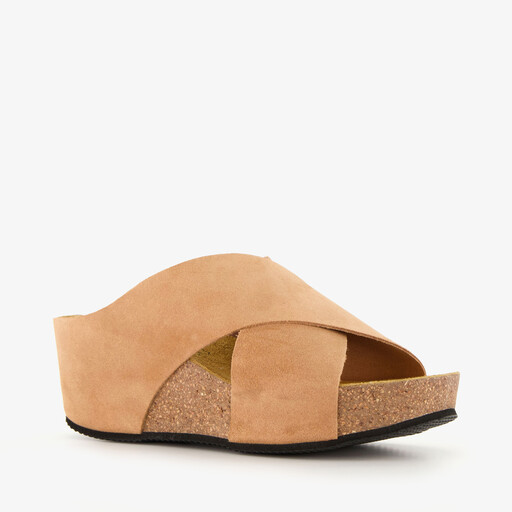 Suede dames slippers sleehak cognac