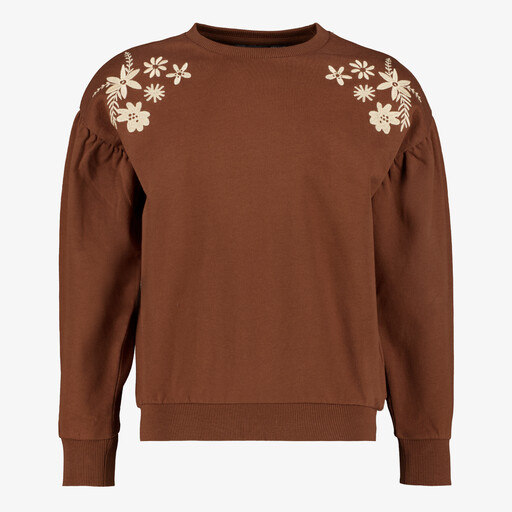 Meisjes sweater met geborduurde bloemen bruin