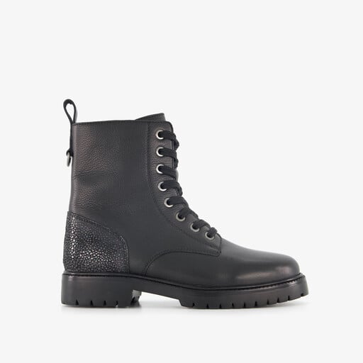 Leren meisjes veterboots met glitters op de hiel zwart