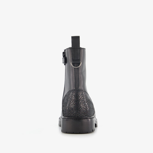 Leren meisjes veterboots met glitters op de hiel zwart