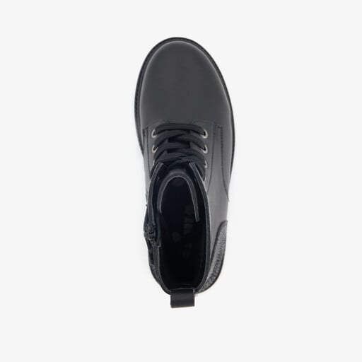 Leren meisjes veterboots met glitters op de hiel zwart