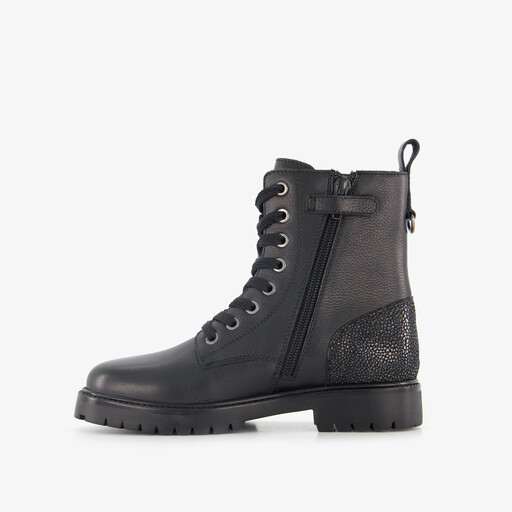 Leren meisjes veterboots met glitters op de hiel zwart