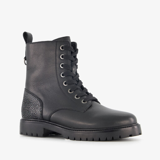 Leren meisjes veterboots met glitters op de hiel zwart