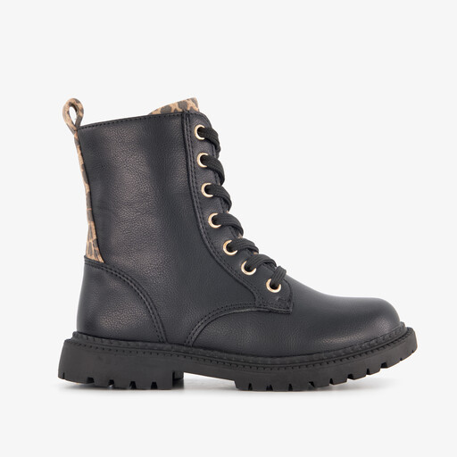 Meisjes veterboots met luipaardprint zwart