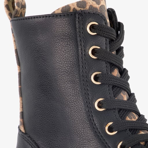 Meisjes veterboots met luipaardprint zwart