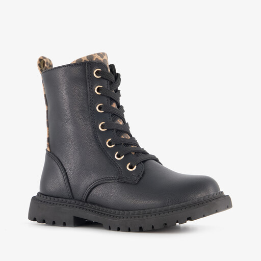 Meisjes veterboots met luipaardprint zwart