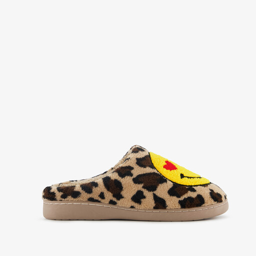 Dames pantoffels met panterprint en een smiley bruin