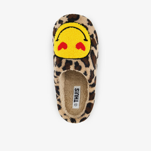 Dames pantoffels met panterprint en een smiley bruin